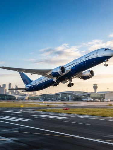 Sleek, modern commercial airplane taking off from a clean, futuristic airport runway at sunrise, with a blurred international city skyline in the background, bright daylight, deep blues and clean whites.