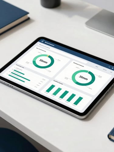 Overhead shot of a clean modern desk with a tablet displaying a clear business metrics dashboard, bright natural daylight, deep navy accents, crisp focus, 35mm lens