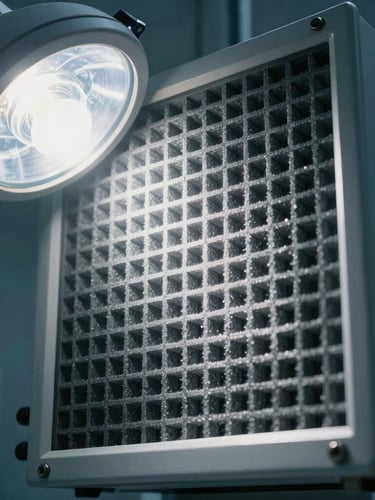 Extreme close-up of a sterile cleanroom HEPA filtration grid, cool diffused shadowless laboratory lighting, clinical macro photography.