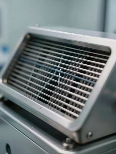 Extreme close-up of a sterile stainless steel air sampler in an empty ISO 5 cleanroom, diffused cool clinical light, sharp metal textures.