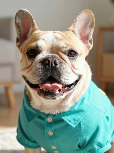 Close-up of a happy French Bulldog wearing a vibrant custom-tailored teal shirt, warm natural daylight, cozy home setting, shallow depth of field