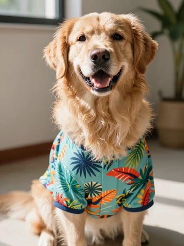 A happy golden retriever wearing a colorful tropical print pet shirt, sitting indoors under warm natural daylight, looking directly at the camera with a joyful expression