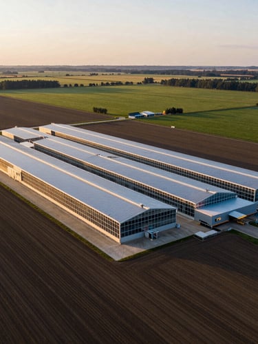 Wide-angle aerial photograph of a large-scale modern Canadian agricultural facility, early morning golden-hour light casting long shadows across rich soil fields and smart-glass structures.