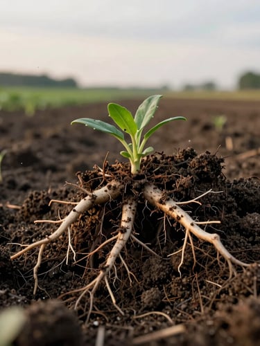 Macro close-up of rich dark Canadian soil teeming with healthy root structures, soft overcast daylight, editorial agrarian realism