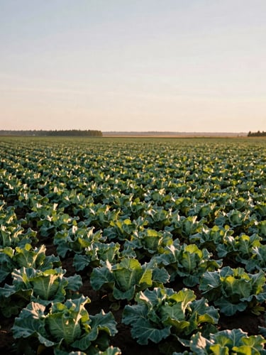 Wide environmental landscape of expansive Canadian vegetable fields under early morning golden-hour light, editorial agrarian photography, cinematic 35mm lens