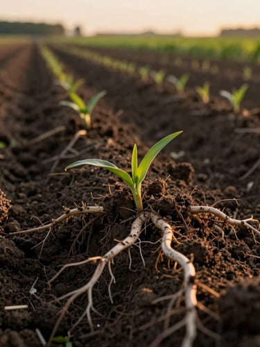 Macro photograph of rich, dark Canadian agricultural soil teeming with organic root structures, early morning golden light, cinematic 35mm lens