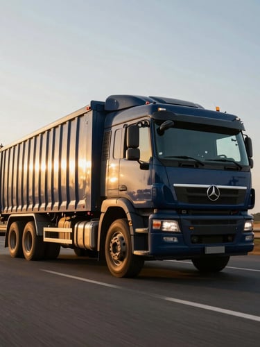 Low-angle shot of a heavy-duty transport truck driving on a clean highway through West African landscape, golden hour sun glinting off the cabin, cinematic industrial photography