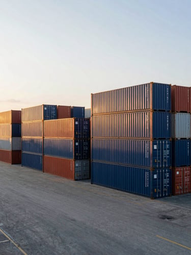 Wide-angle environmental shot of a modern logistics warehouse terminal, container stacks under high-contrast daylight, clean and professional.