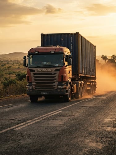 Low-angle dramatic shot of a heavy-duty transport truck on a paved highway in West Africa during golden hour, deep navy cargo container, dust kicking up, cinematic industrial photography style