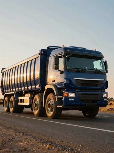 Dramatic low-angle portrait of a modern heavy-duty cargo truck driving on a clean highway through the West African savannah, bright golden hour sunlight, deep navy accents, sharp focus, cinematic industrial style.