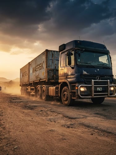 Low-angle dramatic shot of a heavy-duty transport truck on a West African highway at golden hour, dust trailing, cinematic industrial photography, deep navy and golden tones.