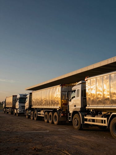 Low-angle dramatic shot of heavy-duty transport trucks lined up at a clean modern border customs checkpoint, golden hour light reflecting off metallic cabins, dusty West African landscape.