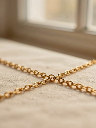 Macro close-up of a delicate gold chain resting on a soft cream linen texture under warm golden-hour window light, showing detailed metal links.
