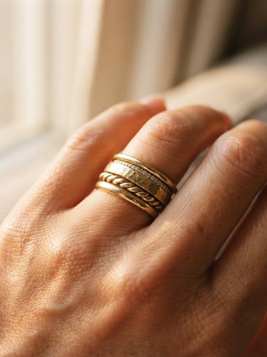 Close-up macro shot of stacked gold rings on warm skin, soft golden-hour window light casting gentle shadows, showing rich metal texture, 35mm photography.