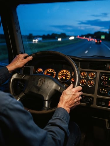 Close-up of a truck driver's hands on a steering wheel at dusk, illuminated dashboard, open highway in the background, cinematic transportation photography, twilight highway lighting, deep blues and amber accents, sharp focus, 35mm