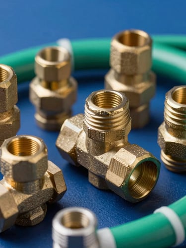 Close-up portrait shot of vintage brass plumbing fittings and modern green electrical conduits, arranged to highlight material quality and heritage, crisp studio lighting, deep blue and metallic tones, high contrast.