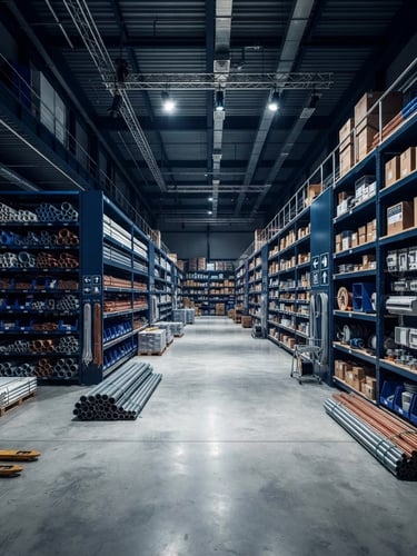 Wide panoramic view of a modern, clean construction materials warehouse in Iraq, high contrast studio lighting, deep blue and metallic tones, organized shelves with various pipes and electrical supplies, low horizon, expansive space, focus on quality and order.
