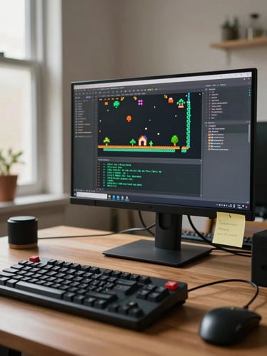 Wide environmental shot of a developer's desk setup, monitor displaying pixel art game code and sprites, warm natural window light from the left, mechanical keyboard in foreground, cables and sticky notes visible — candid workspace, not staged