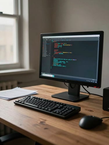 Wide environmental shot of a developer's desk to the right of frame, monitor glowing with code in the dark, warm natural window light spilling from the left onto a keyboard and scattered notes, CRT aesthetic mood