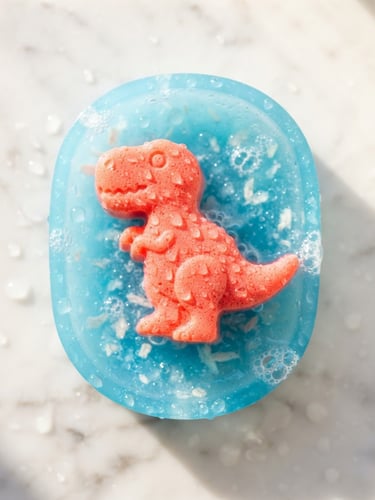 Overhead shot of a bright coral dinosaur soap resting on a translucent sky-blue resin soap dish, sunny morning window light, water droplets, crisp macro details