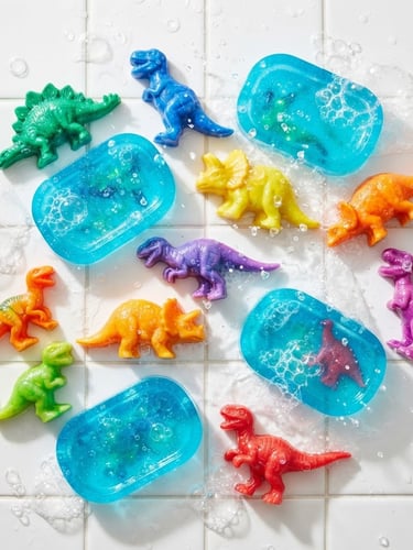 Overhead shot of vibrant, dinosaur-shaped soaps and neon blue resin soap dishes on a clean white tile background, sunny morning light, water splashes and real bubbles