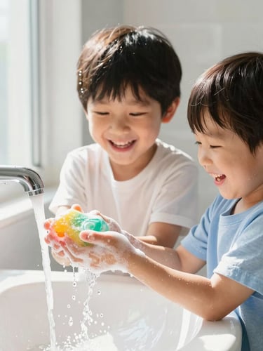 A parent and young child laughing together at a bright bathroom sink, holding a foaming bar of colorful soap under running water, high-key natural light