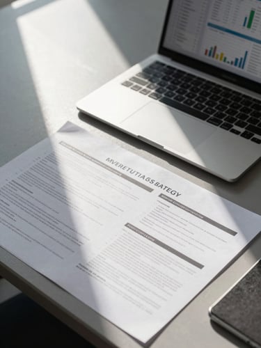 Close overhead crop of a marketing strategy session — a campaign brief document and open laptop showing a live analytics dashboard on a conference table, natural daylight from a side window casting clean shadows across the materials, no faces visible, tight framing on the data and printed assets
