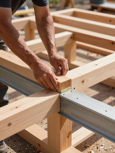 A master framing carpenter's hands measuring a heavy timber joint on an organized, swept outdoor jobsite, sharp morning light, 35mm