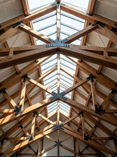 Low-angle architectural shot looking up through a complex Douglas fir timber roof truss system under bright morning sun, sharp shadows showcasing geometric framing.