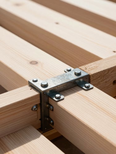 Crisp close-up photography of perfectly aligned timber joints and heavy-duty steel hardware, sharp natural daylight, high-contrast wood grain and dark steel, 35mm