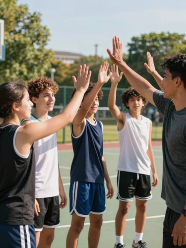Active group of diverse youth high-fiving a mentor on an outdoor basketball court, bright natural sunlight, energetic action shot, 35mm