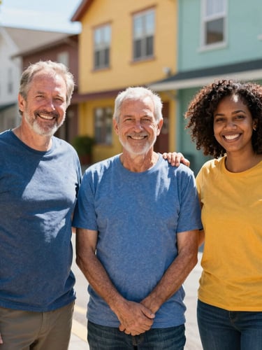 A warm, sunlit portrait of three diverse community leaders standing together outside a colorful neighborhood center, smiling confidently, bright daylight
