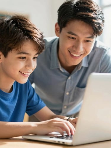 Close-up action shot of a young mentor guiding a teenager on a laptop in a sunlit workspace, both smiling, shallow depth of field, 35mm