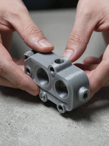 Extreme macro close-up, cool north-facing studio light — two bare hands holding a complex grey 3D-printed mechanical part with visible layer topology and precision-machined holes, set against a raw concrete slab surface. Tight framing shows surface finish detail and part geometry. No warmth, no glow, no background clutter.