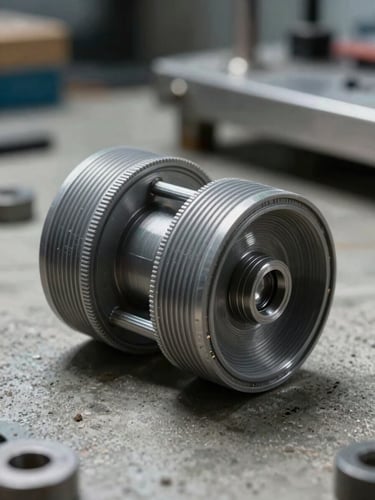Macro close-up of a complex 3D-printed mechanical part resting on a concrete workshop surface, cool north-facing studio light from the left, crisp shadow revealing surface layer texture and tight tolerances, steel background elements visible but soft, no hands, no motion