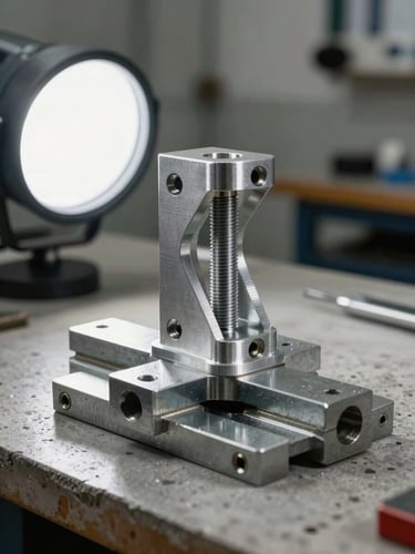 Macro shot of a custom-manufactured 3D-printed mechanical bracket installed in a steel jig on a concrete workshop bench, cool studio strobe light from the left, sharp focus on surface finish and thread detail, no people visible