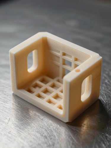 Close-up macro shot under cool studio strobe — a finished 3D-printed structural bracket with visible internal lattice cross-section, resting on a brushed steel surface. North-light illumination reveals every surface layer and wall thickness. No people, no warm tones, no decorative elements.