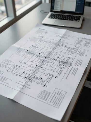 Close overhead shot of a large strategy diagram spread across a conference table—printed frameworks, handwritten annotations in margins, a laptop screen showing a data dashboard visible at the top edge, cool natural light from tall office windows raking across the paper surface