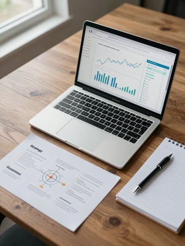 Close overhead shot of a large wooden desk surface: an open laptop showing a clean analytics dashboard with line graphs and KPI tiles, a printed strategy framework diagram partially visible beside it, a mechanical pencil resting on ruled notes. Cool diffused daylight from a window at upper left. No people, no hands. Precise, focused, minimal.
