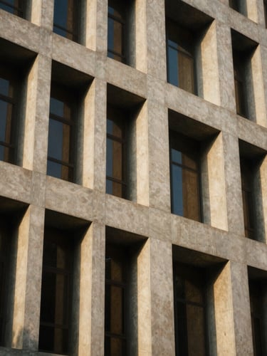 Close-up architectural crop of modern Indian corporate headquarters, structured geometric concrete columns, warm morning window light, 35mm photography
