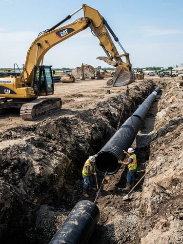 Wide-angle industrial construction photography of heavy machinery laying large-diameter black HDPE water pipes in a deep trench, bright natural outdoor daylight, rugged textures of earth and concrete, 35mm lens.