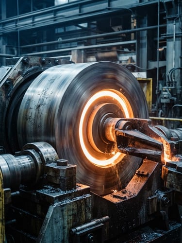 Macro photograph of a heavy steel centrifugal casting die spinning at high speed, cool industrial steel tones, sharp details, 50mm
