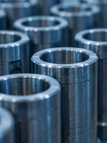 Macro photograph of machined steel-blue alloy cylinder liner, industrial documentary style, sharp details, high contrast