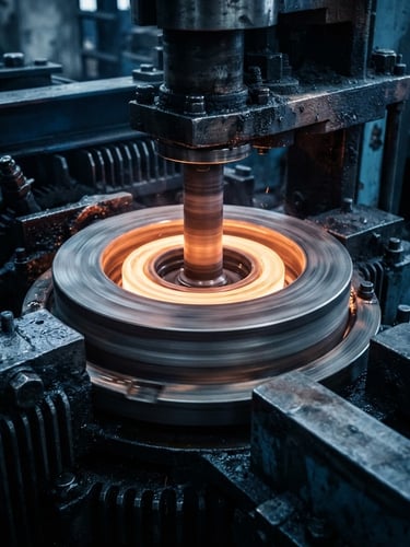 Macro close-up of a vertical centrifugal casting machine spinning at high speed, glowing molten bronze forming a perfect ring inside the die, high-contrast industrial lighting, cool steel-blue atmosphere