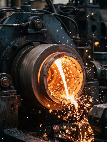 Macro close-up of a horizontal centrifugal casting machine spinning die, intense orange sparks, cool steel-blue machine frame, industrial documentary style.