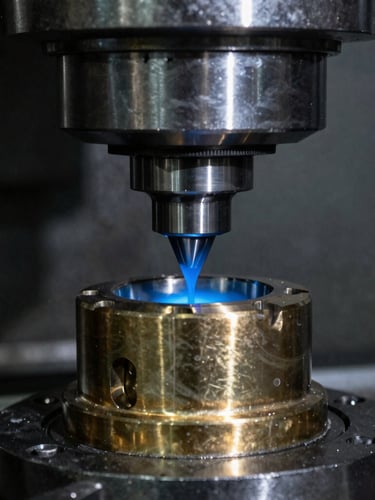 Macro close-up of a CNC lathe precision-turning a centrifugally cast bronze bushing, cool blue cutting fluid spraying, sharp metallic highlights, industrial documentary style.