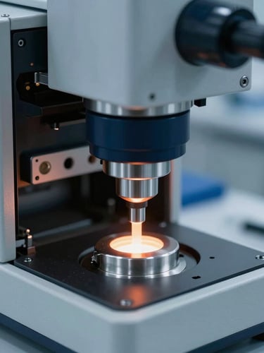 Close-up of a high-tech 8-channel spectrometer testing a metallic sample in a cool-toned laboratory, blue-steel highlights, sharp details, 50mm