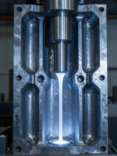 Industrial mold for vertical casting, showing precise machined internal contours, cool steel-blue lighting, high-contrast details of the metal die