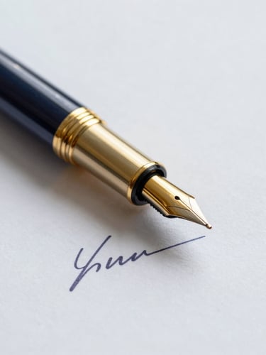 Macro shot of a heavy gold fountain pen resting on a signed financial document, soft side daylight, professional corporate atmosphere