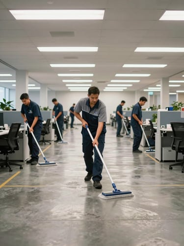Wide environmental shot of a uniformed janitorial crew mopping a large commercial office floor under harsh overlit fluorescent daylight, crew members in branded uniforms actively pushing mops across polished concrete, full room visible with rows of workstations in the background, sharp focus on the cleaned surface ahead of the mop line, no people standing idle